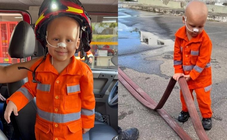 Criança de 3 anos com leucemia realiza sonho e visita academia de bombeiros em BH