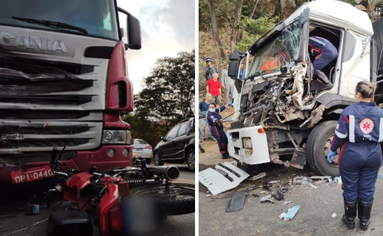 Acidente entre motocicleta e carretas deixa dois feridos na BR-381, em Minas