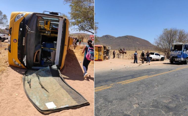 Micro-ônibus com 15 estudantes tomba após ser atingido por caminhão guincho em rodovia mineira 