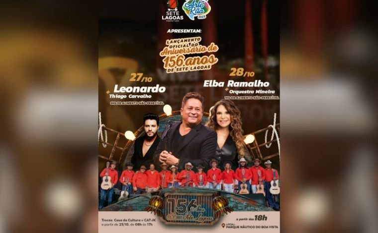 Sete Lagoas comemora 156 anos com shows de Leonardo e Elba Ramalho; veja programação completa 