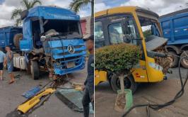 Vídeo: Acidente entre ônibus escolar e caminhão deixa cinco feridos em Paraopeba