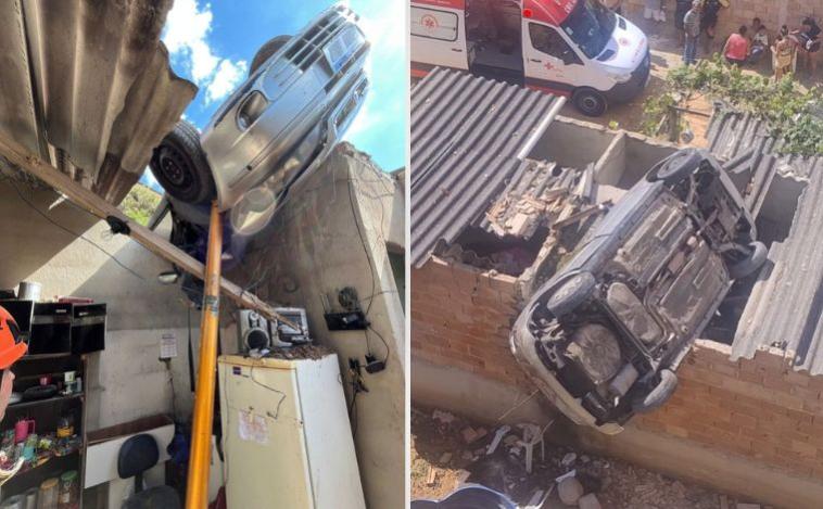 Três pessoas ficam feridas após carro cair sobre casa em Belo Horizonte