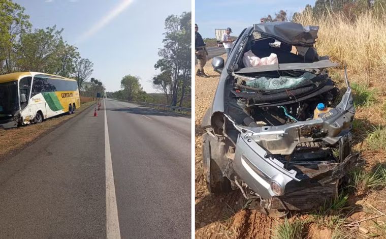 Foto: DivulgaÃ§Ã£o/PMRv - O condutor do Ã´nibus informou aos policiais que o trecho estava molhado por causa de uma garoa. Ele contou ter sido surpreendido pelo carro, que tentava ultrapassar uma carreta no sentido oposto