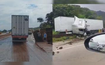 Ônibus tomba após colisão com carreta e caminhão na Grande BH