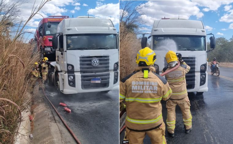 Carreta que transportava caminhões dos bombeiros pega fogo na BR-251 em MG