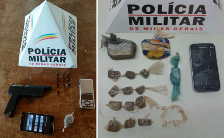 Fotos: PMMG - Policiais apreenderam armas e outros materiais usados na venda dos entorpecentes; Dois menores foram apreendidos e um jovem de 23 anos detido 