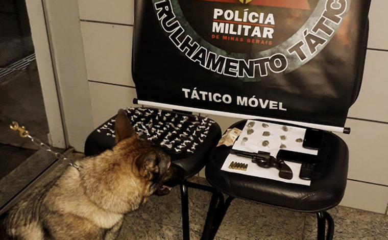 Foto: DivulgaÃ§Ã£o/PMMG - Com apoio de cÃ£es, os militares encontraram na residÃªncia 98 pedras de crack, 10 buchas de maconha, 01 revÃ³lver cal. 38 carregado com seis muniÃ§Ãµes, alÃ©m de dinheiro provavelmente adquirido com as vendas das drogas ilÃ­citas