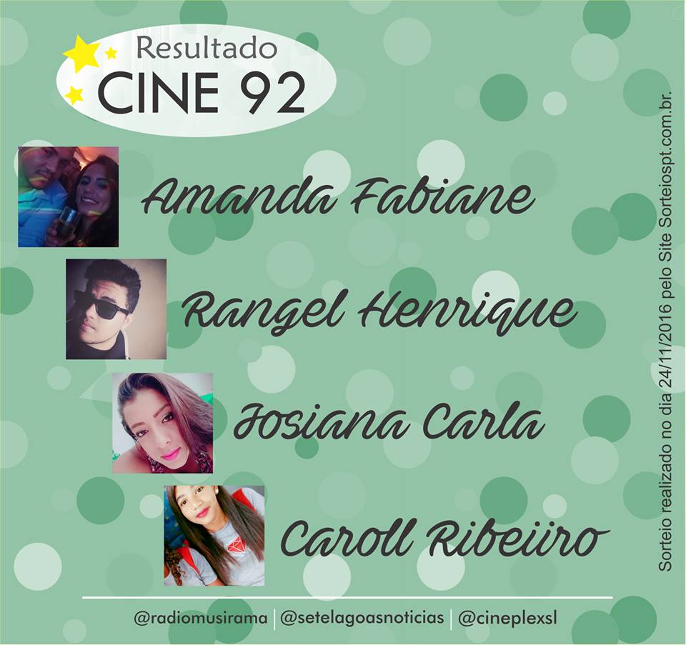 Confira os ganhadores da semana na Promoção Cine 92