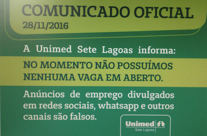 Unimed Sete Lagoas desmente boatos sobre abertura de vagas de emprego