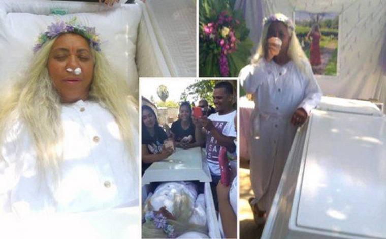  Mulher aluga caixão para ensaiar o próprio funeral e ver a reação de amigos durante cerimônia